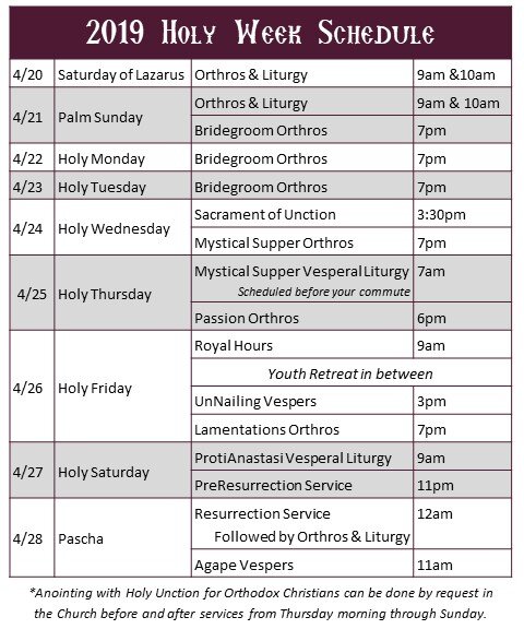 2019 Holy Week Schedule